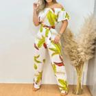 Off-shoulder Leaf Print Wide Leg Jumpsuit