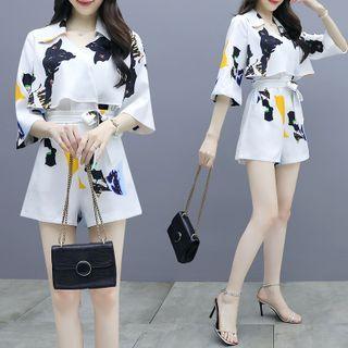 Set: 3/4-sleeve Print Top + Shorts