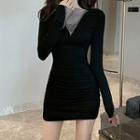 Plain Crewneck Panel Ruched Slim-fit Long-sleeve Dress