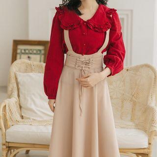 Set: Long-sleeve Ruffled Blouse + Midi A-line Suspender Skirt