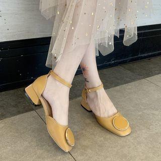 Rhinestone Disc Ankle Strap Block Heel Sandals