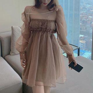 Long-sleeve Cold Shoulder Mini A-line Mesh Dress