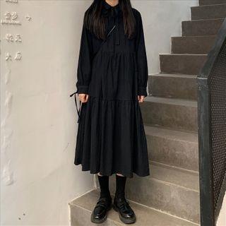 Tie-neck Shirred Midi Shirtdress
