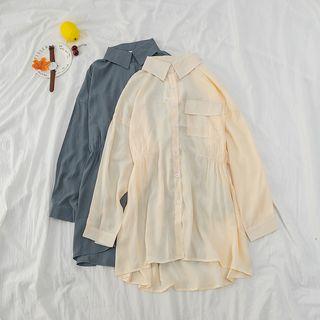 Long-sleeve Gathered-waist Sheer Long Shirt