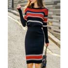 Set: Round-neck Striped Knit Top + Band-waist Midi Skirt