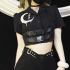 Short-sleeve Graphic Embroidered Buckled Crop Shirt