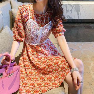 Set: Short-sleeve Floral Mini A-line Dress + Embroidered Cropped Camisole Top