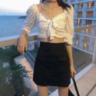 Square-neck Elbow-sleeve Blouse / Denim Mini Straight-fit Skirt