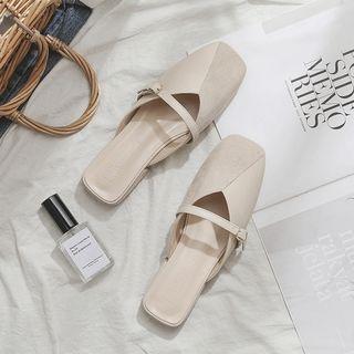 Faux Leather Panel Buckled Low-heel Mules