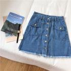 Double-pocket Frayed High-waist Denim A-line Skirt