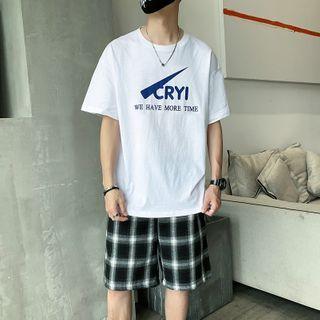 Set: Short-sleeve Lettering T-shirt + Plaid Wide-leg Shorts