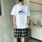 Set: Short-sleeve Lettering T-shirt + Plaid Wide-leg Shorts