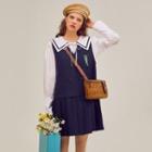 Double-breasted Pleated-hem Jumper Dress Navy Blue - One Size