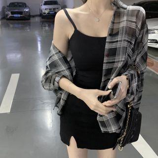 Plaid Shirt / Spaghetti-strap Mini Sheath Dress