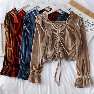 Ruffled-trim Drawstring Velvet Crop Top