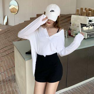 Open-placket Long Sleeve Split Top / Plain High Waist Shorts