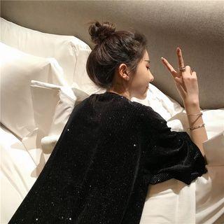 Glittered Loose-fit Short-sleeve Top Black - One Size