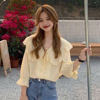 Peter Pan-collar Plain Long-sleeve T-shirt