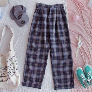 Plaid Loose Fit Pants Plaid - Gray - One Size
