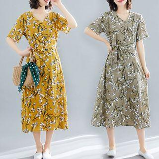 Print V-neck Medium Maxi Dress