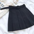 Plain High-waist Pleated Skirt With Belt
