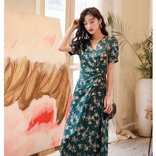 Puff-sleeve Floral Printed Midi Dress