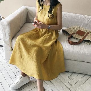 Sleeveless Drawcord-waist Maxi Linen Dress
