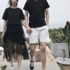 Couple Matching Mesh Panel Short-sleeve Midi Dress / Crew-neck Short-sleeve T-shirt