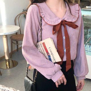 Corduroy Long-sleeve Loose-fit Blouse Pink - One Size