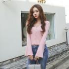 V-neck Bell-sleeve Ribbed Cardigan