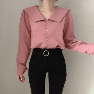 Plain Buttoned Long-sleeve Blouse