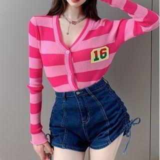 Striped Number Print Cardigan / Drawstring Denim Hot Pants / Mini Pencil Skirt