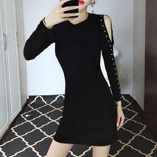 Studded Long-sleeve Cold Shoulder Sheath Minidress