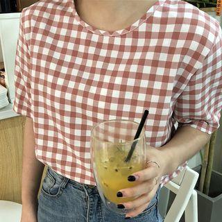 Plaid Lace-up Back Short-sleeve Top