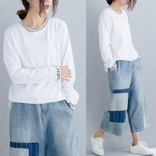 Long-sleeve Letter Cuff T-shirt White - One Size