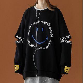 Smiley Face Print Elbow-cutout Sweatshirt