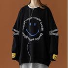 Smiley Face Print Elbow-cutout Sweatshirt