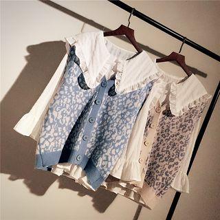 Bell-sleeve Blouse / Leopard Print Button Knit Vest / Set