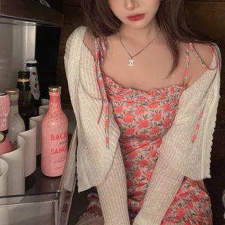 Plain Slim-fit Cardigan / Floral Print Slim-fit Sleeveless Dress
