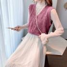 Bell-sleeve Mesh Top / Single-breasted Pointelle Knit Vest