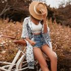 Elbow-sleeve Print Light Jacket White - One Size