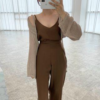 Cropped Open-front Cardigan / Camisole Top / Wide Leg Pants / Set