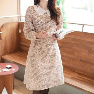 Ruffle-collar Faux-pearl Midi Floral Dress