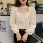 Long-sleeve Lace Trim Mesh Blouse Almond - One Size