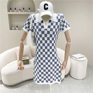 Checkerboard Pattern Mini Polo Dress