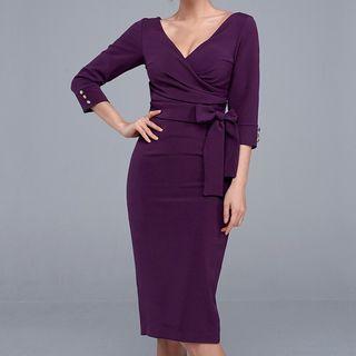 3/4-sleeve Tie-front Sheath Dress