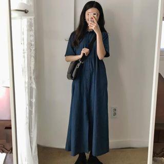 Short-sleeve Midi Shirtdress Blue - One Size