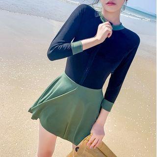 3/4-sleeve Two-tone Swim Dress