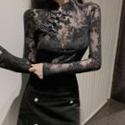 Long-sleeve Mandarin Collar Lace Top Black - One Size