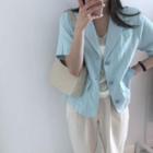 Short-sleeve Linen Blazer Blue - One Size